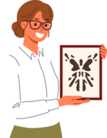 Rorschach test in hands of woman psychotherapist, want to find out psychological state patient with mental disorder. Girl psychotherapist with smile demonstrates abstract painting in form of blot. png