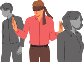 Blindfolded man wanders among colleagues, feeling insecure due to lack of professional qualifications. Blindfolded guy stands out from crowd needs help regaining spatial orientation. png