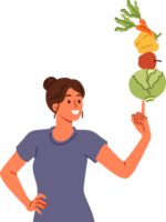 Woman follows balanced diet of vegetables and fruits leads healthy lifestyle thanks to proper nutrition. Vegetarian girl recommends new diet to detoxify body and lose excess weight. png