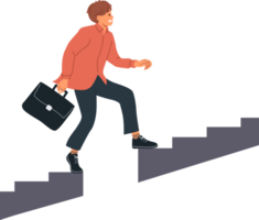 Business man grows professionally by climbing up stairs and overcoming obstacles from missing steps. Ambitious guy clerk, easily copes with problems that arise in business and career png