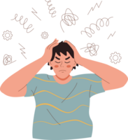 Man suffers from headache caused by overabundance of information, clutching head in attempt to drown out pain. Student guy, tired from studying at university, feels pain in neck and needs rest png