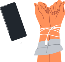 Hands digital hostage are tied with headphones from mobile phone, and symbolize dependence on social networks. Person has become digital hostage due to uncontrolled visits to websites and applications png