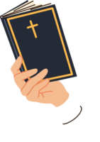 Holy bible in hand of man reading prayers and commandments written by jesus, with christian cross on cover. Religious bible for catholic and orthodox believers studying gospel or old testament png