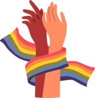 Hands of non-binary couple holding LGBT flag symbolizing love and unity between transgender and gay or lesbian. Pride month concept to promote the idea of tolerance towards LGBT people. png