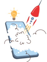 Mobile phone with rocket launch, metaphor for new startup with application for smartphone users. Successful launch of business project using modern technologies and mobile gadgets. png