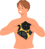 Man cyborg tears skin on chest cage, demonstrating robotic mechanism instead of organs and making painful grimace. Guy who became cyborg after replacing heart with gears and using future technologies png