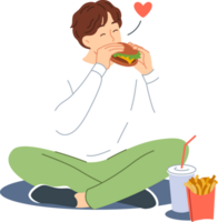 Man eats hamburger with sausage and cheese, sitting on floor and enjoying taste of fast food from street restaurant. Guy enjoys hamburger or cheeseburger prepared according to perfect recipe png