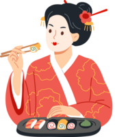 Japonais femme mange Sushi avec baguettes, profiter goût de Oriental maki Rouleaux fabriqué de riz et poisson. fille dans kimono mange traditionnel Sushi plat cette permet à rester en bonne santé et magnifique png