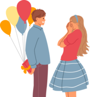 Romantic man makes birthday surprise for girlfriend, holding gift box and balloons behind back. Happy couple of girl closing eyes waiting for gift from boyfriend on relationship anniversary day png