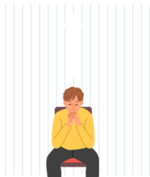 Praying teenage boy cries, sitting in church under catholic cross and prays for mother recovery. Praying teenage boy experiences grief and asks god for help, visiting christian cathedral alone png