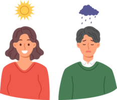 Influence of climate on human mood causes joy in woman during sunny weather or sadness in guy when it rains. People mood and behavior change after change of season and increase in production cartisol png