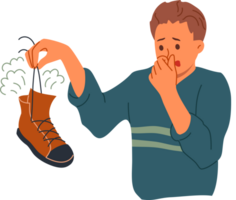 Smelly shoe in hands of man suffering from bad odor and symptoms of foot mycosis. Guy with smelly feet needs help from dermatologist or shoe disinfectant to get rid of stinky bacteria. png