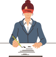 Business woman signs contract without looking, out of complete trust in partner, sitting in office blindfolded. Blind submission of nda contract is caused by importance of avoiding information leakage png