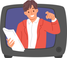 Man TV show announcer looks out of retro TV and points finger at viewer, recommending to buy advertised product. News or evening television show host holds script papers and improvises live png