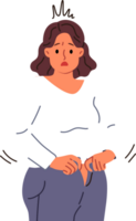 Übergewicht Frau kann nicht passen in alt Jeans fällig zu Überschuss Gewicht verursacht durch Überessen und sitzend Lebensstil. Problem von Überschuss Gewicht Überraschungen Mädchen Wer Bedürfnisse zu Folgen Diät oder Übung png