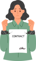 Woman is constrained by strict contract prohibiting disclosure of information or change in field of activity. Girl with contract instead of handcuffs regrets that she signed nda agreement png