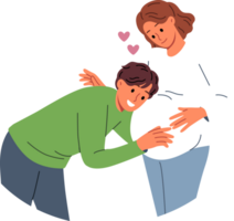 Future dad leans against belly of pregnant woman, listening to movements of baby in womb. Pregnant girl feels love and affection of groom, who is looking forward to birth of child. png