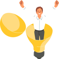 Happy businessman stands inside light bulb, raising hands up and rejoicing at new idea to accelerate professional growth. Man entrepreneur came up with business idea to improve marketing performance png