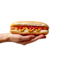 AI generated Hand holding a hot dog with condiments on a transparent background png