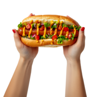 AI generated Delicious loaded hot dog held in hands with transparent background png