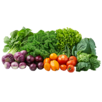 ai generado un variedad de vegetales y frutas son desplegado en un blanco antecedentes png