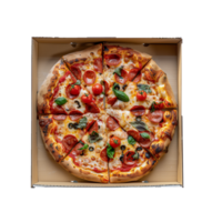 AI generated Delicious whole pizza in a box with a transparent background png