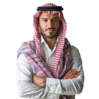 AI generated A man wearing a red and white scarf and a black hat. Arabian business man png