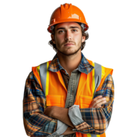 AI generated A man in an orange safety vest and hard hat is standing with his arms crossed png