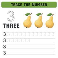 Cards for learning numbers from 1 to 10 with vegetables and fruits. Cards for kindergarten with numbers, learning and writing numbers. Educational children's game, printable sheet. Vector illustration