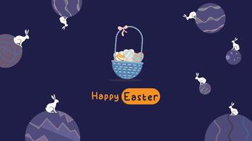 media post idea for easter egg background isolated in blue, hand draw line rabbit, suit for decoration ,web, banner , wallpaper , space themes vector