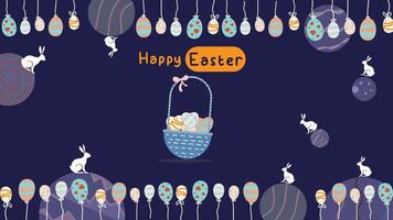 media post idea for easter egg background isolated in blue, hand draw line rabbit, suit for decoration ,web, banner , wallpaper , space themes vector