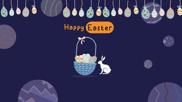 media post idea for easter egg background isolated in blue, hand draw line rabbit, suit for decoration ,web, banner , wallpaper , space themes vector