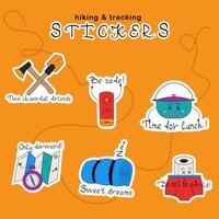 sticker pack on the theme of travel, trekking, hiking in doodle style, y2k, with emotions and motivational inscriptions. For print, social media and clothing prints. vector