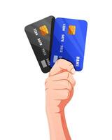 Hand holding credit card vector isolated on white background.