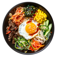 AI generated Bibimbap with rice noodles, vegetables and fried egg on transparent background png