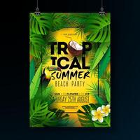 tropical verano playa fiesta volantes diseño con flor, tropical palma hojas y tucán pájaro en Dom amarillo antecedentes. vector verano playa celebracion ilustración modelo con tipografía letra para