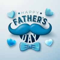 Happy Father's Day Greeting Card Design with Heart, Bow Tie and Mustache on Light Background. Vector Celebration Illustration for Dad. Template for Banner, Flyer or Poster.