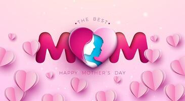 Happy Mothers Day Greeting Card Design with Heart and Woman Face and Child Silhouette on Light Pink Background. Vector Mothers Day Illustration for Banner, Postcard, Flyer, Invitation, Brochure