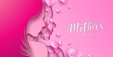 Happy Mother's Day Greeting Card Design with Paper Heart and Woman Face Silhouette on Light Pink Background. Vector Mothers Day Illustration for Banner, Postcard, Flyer, Invitation, Brochure, Poster.