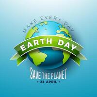 Happy Earth Day Illustration with Planet and Ribbon on Blue Background. Save The Planet. World Map on April 22 Environmental and Eco Concept with Typography Lettering. Vector Design for Postcard