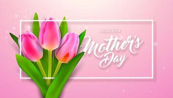 Happy Mother's Day Banner or Postcard with Spring Tulip Flower and Paper Heart on Violet Background. Vector Celebration Design Template with Typography Lettering for Greeting Card