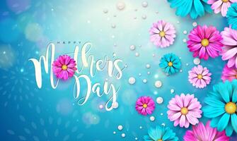 Happy Mother's Day Greeting Card Design with Flower and Typography Letter on Blue Background. Vector Celebration Illustration Template for Banner, Flyer, Invitation, Brochure, Poster.