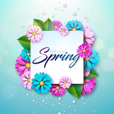 Hello Spring Nature Theme Illustration with Colorful Flower and Green Leaves on Blue Background. Floral Design Template with Typography Letter for Banner, Flyer, Invitation, Poster or Greeting Card