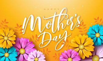 Happy Mother's Day Illustration with Spring Flower and Typography Letter on Yellow Background. Vector Celebration Design Template for Greeting Card, Banner, Flyer, Invitation, Brochure, Poster.