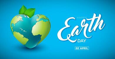 Earth Day Illustration with Planet in the Heart on Blue Background. World Map on April 22 Environmental and Eco Concept with Typography Lettering. Vector Design for Postcard, Banner, Greeting Card