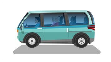 Beside luxury of van car. Green colors. On isolated white background. Can see inside car with driver and family passenger. vector