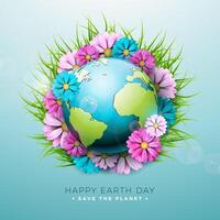 Save the Planet. Happy Earth Day Illustration with Spring Flower on Blue Background. World Map on April 22 Environmental and Eco Concept with Typography Lettering. Vector Design for Postcard, Banner