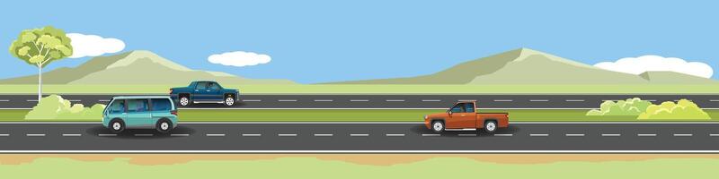 Travels of car with driving for banner. Asphalt road highway near the meadow with green mountain under clear sky. Trees and grass divide the road. Copy Space Flat Vector. vector