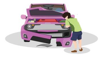 Cartoon Vector or Illustration of car.  Pink car accident with broken front bumper and lid. front hood open. Driver stands in front of the car with his arms crossed. Isolated white background.