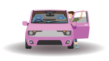 Cartoon vector or illustrator front of car. Pink of K-car  with driving man open the door. Stepping up to get into the car. With shadow and isolated white background.